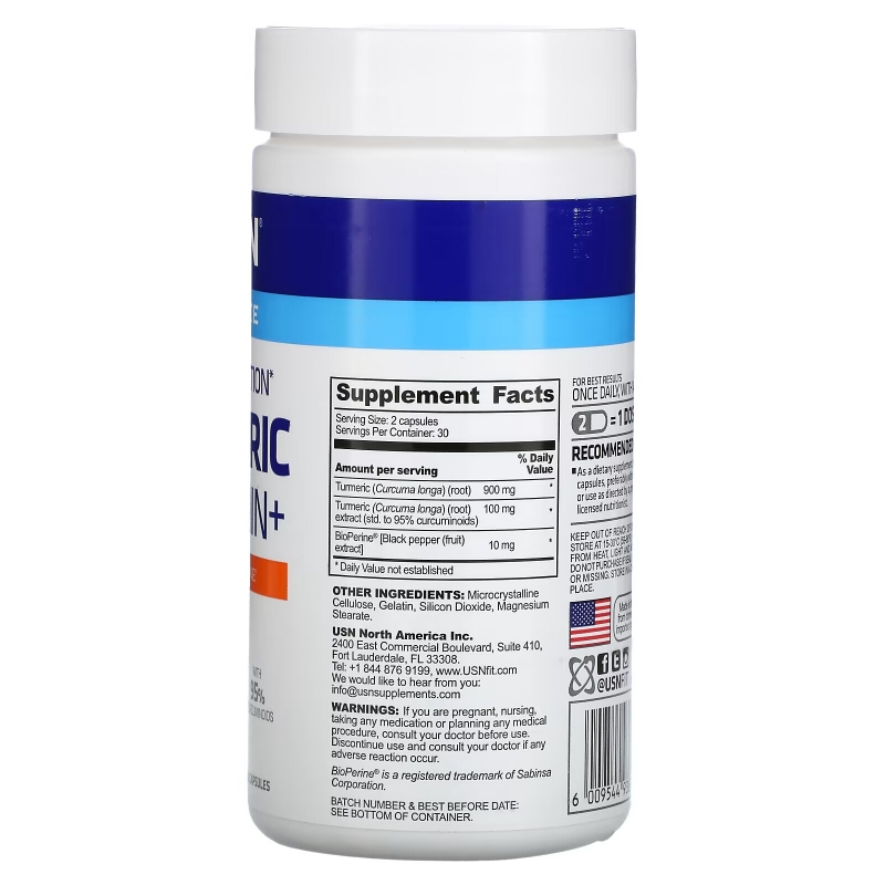 USN, легкоусвояемый куркумин с комплексом BioPerine, 500 мг, 60 капсул