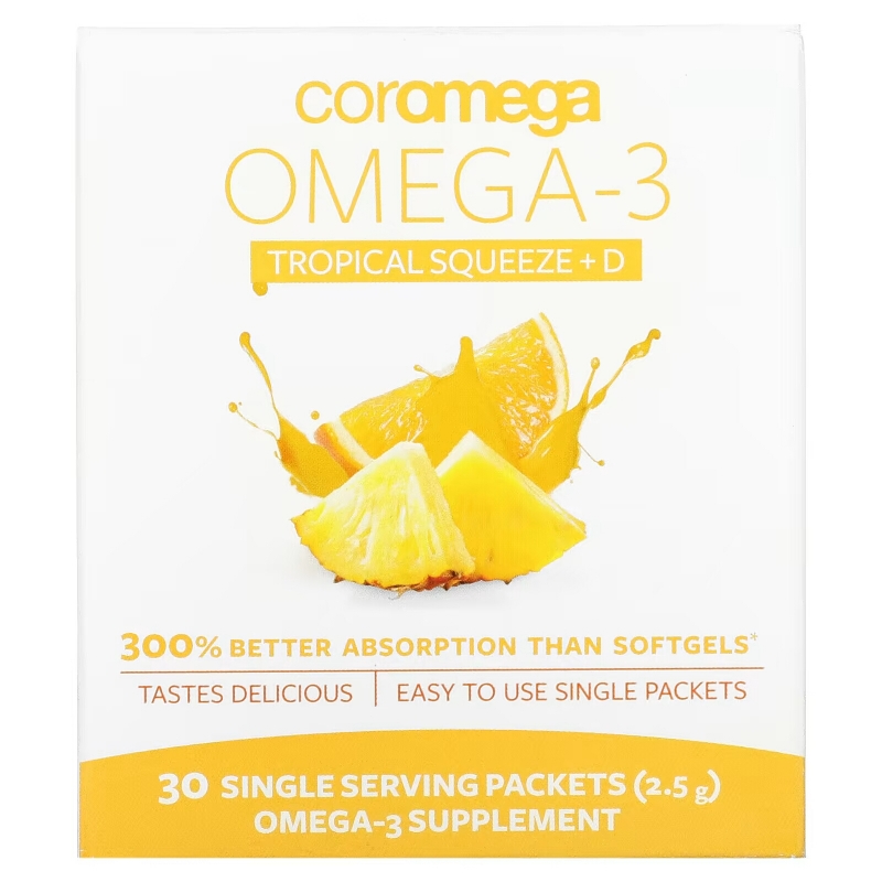Coromega Омега 3+D Тропический Оранжевый для выдавливания 30 Пакеты для выдавливания (2.5 г)