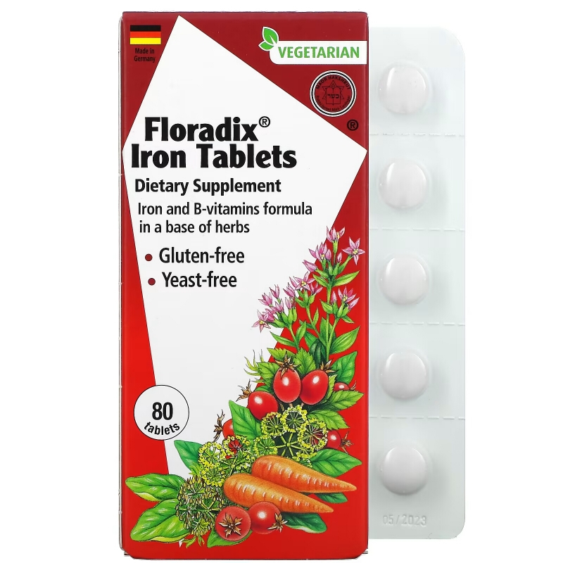 Gaia Herbs, Floradix, железо в таблетках, 80 таблеток