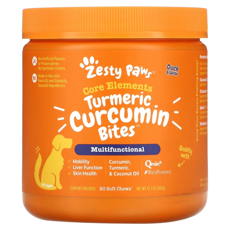 Zesty Paws, Turmeric Curcumin Bites for Dogs, Multifunctional, All Ages, Duck, 90 Soft Chews, 12.7 oz (360 g)