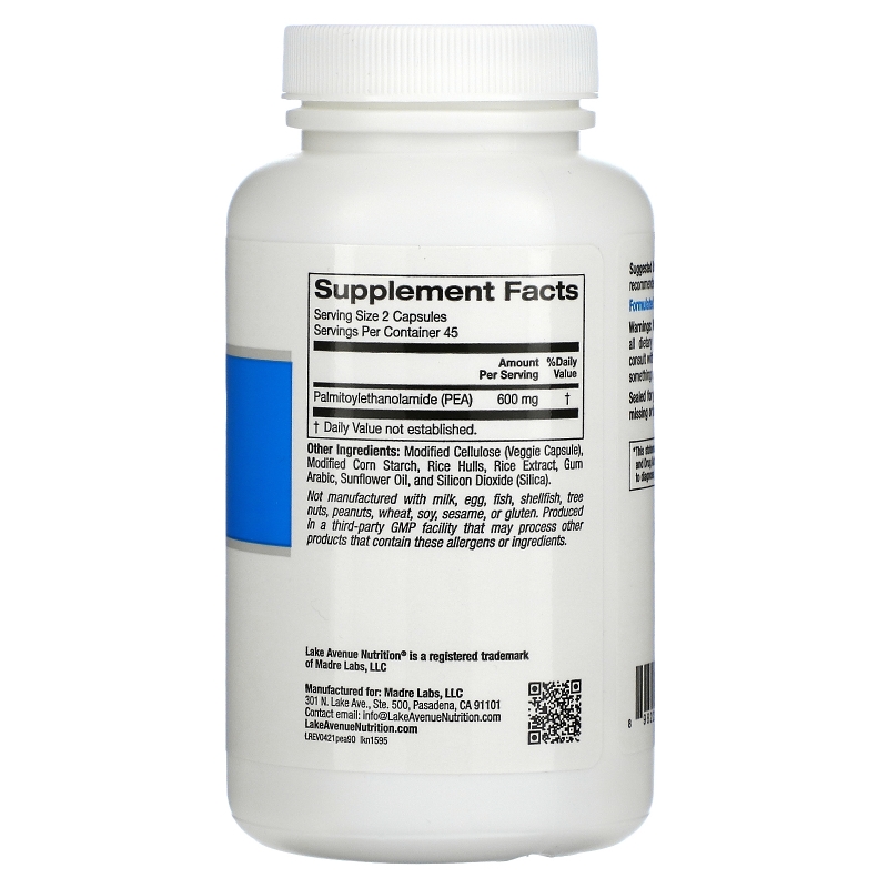 Lake Avenue Nutrition, ПЭА (пальмитоилэтаноламид), 600 мг, 90 растительных капсул